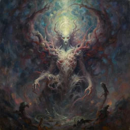 the most unimaginable thing, eldritch madness, pure chaotic imagery ever imagined by ai, artwork by ida rentoul outhwaite, makoto oil painting, dramatic art, trending on artstation, volumetric lighting