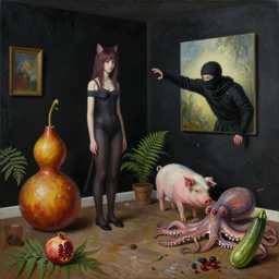 realistic painting of a trashed female artist's apartment, black dripping walls, tall emo catgirl, gourd sculpture, a pig, a ninja reaching out from inside a painting on black walls, pomegranate, fern, octopus, a courgette, 1 6 mm, berries, zen, sensual, surrealist painting by magritte and rousseau and monet