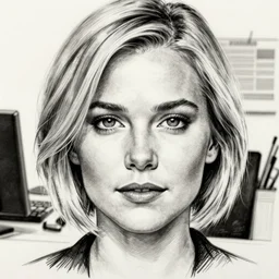 fill still of brittany murphy in office, short blonde hair, beautiful face, pretty face, detailed eyes, realistic proportions, realistic face, ink, black and white, style of jim lee, illustration, cinematic composition, lineart, clean lines, jim lee style