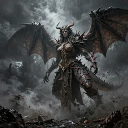 thorny! lilith the mother of all monsters, raining ash, fine art masterpiece, highly detailed dino valls wayne barlowe machiej kuciara, dramatic lighting, long shot, wide angle, uhd 8 k, sharp focus