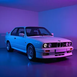 a image of a bmw M3 E30 inside a room, blue and purple lighting