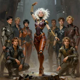 pulp scifi fantasy illustration full body portrait android girl, gymnastique, white hair, in leather, by norman rockwell, roberto ferri, daniel gerhartz, edd cartier, jack kirby, howard v brown, ruan jia, tom lovell, frank r paul, jacob collins, dean cornwell, astounding stories, amazing, fantasy, other worlds
