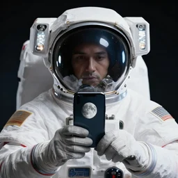 extremely detailed portrait of space astronaut, wearing gloves, holds iphone, iphone visible, iphone in hand, reflection of the moon in visor, alien looking over shoulder from behind, extreme close shot, dramatic backlight, award winning photo by jimmy nelson