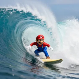 head on view of mario surfing, surfing inside the tube of a very large wave that's about to collapse. highly detailed, professional high quality 4 k, action shot, dramatic lighting