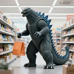 godzilla shopping in a store, concept art, futurism