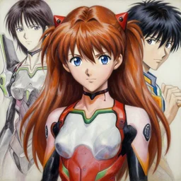 Asuka Langley from Evangelion portrait drawn Yusuke Murata and Takeshi Obata, inspired by Death Note 2003 manga,intricate detail, photorealistic style, intricate detailed oil painting, detailed illustration, oil painting, painterly feeling, sharp high detail, oil on canvas
