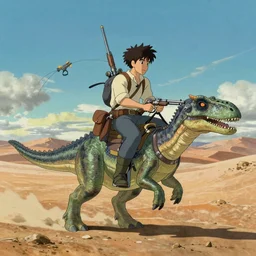 A gunslinger riding a velociraptor in an obsidian desert, fantasy, highly detailed, digital illustration, Makoto Shinkai and Studio Ghibli animated film still, by Ilya Kuvshinov and Alphonse Mucha