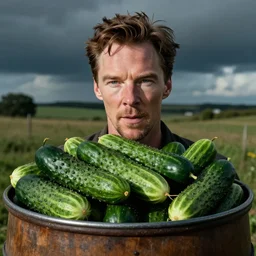color studio photo of benedict cumberbatch in a barrel of cucumbers, closeup