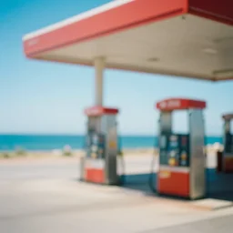 blurry vibrant dream like photo of a gas station on the ocean surface at broad daylight taken using dream recording device