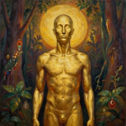 a surreal painting of a golden faceless man during in a ayahuasca hallucination