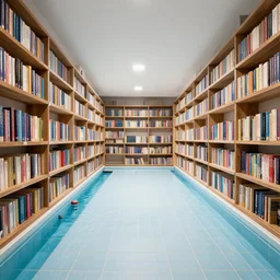 empty hall converted with pool tiles, shelves filled with books and water canals, trending on artstation