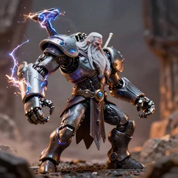 cyber - gandalf with large robotic arm with electric arcs and sparks battling the balrog epic 3 5 mm photograph