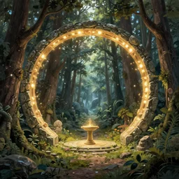 Fantasy Magical fairy-tale glowing stone portal in the forest. Round stone portal teleport in trees to other worlds. Fantastic landscape. Magic Altar in the fores, highly detailed, digital painting, artstation, concept art, smooth, sharp focus, illustration, art by  greg rutkowski and alphonse mucha