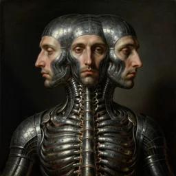 symmetrical portrait painting of ribbed man covered with metallic ribbed spinal tubes by hieronymus bosch, lucid dream - like heavy atmosphere, baroque painting, perfect composition, detailed octane render trending on artstation, 8 k artistic photography, volumetric cinematic perfect light, chiaroscuro, masterpiece, raphael, caravaggio, beksinski, rutkowski, beeple