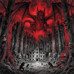 detailed landscape of a forest in hell by takeshi obata, hell, dragons in the sky!!, red and black!!,, abandoned building, forest, big trees with faces!!, scary faces, small demons!!, faces screaming in the ground!!, night sky, highly detailed, cgsociety, artstation, pencil and ink, very detailed