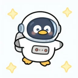 cute drawing of a penguin on an astronaut suit, helmet on, floating on space, drawing, cartoon style, solid color
