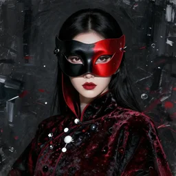 all dressed in black, beautiful face and eyes, black and red mask on her face, black and red velvet fabric, highly detailed, white accents, cel shaded, cinematic shot, trending on artstation, high quality, detailed and chaotic background, brush strokes all over, by tom bagshaw and jama jurabaev