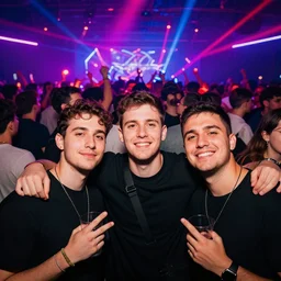 in the front 3 friends partying looking at the camera, in the back a huge crowd and neon light, abstract