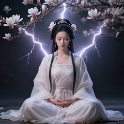 a goddess of magnolia a queen of the garden, meditating! with a beautiful symmetrical face!!! cinematic lightning, isolated, studio lighting by ross tran