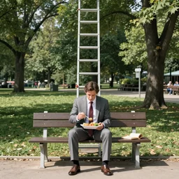 A businessman is sitting on a bench eating lunch in a park. Behind him is a tall ladder looming over him, shadows, realistic, 4k