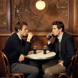 2 hip guys drinking coca cola sitting at a round table in a bar by toulouse lautrec