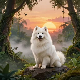 a samoyed dog seated on a rock in a jungle!, mist, tropical trees, vines, birds, sunset!, fluffy clouds, warm colors, beautiful lighting, digital art, intricate details, trending on artstation
