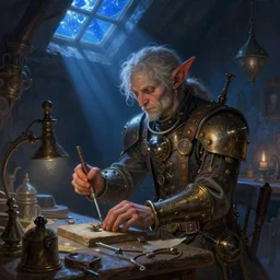 portrait of goblin alchemist wearing steampunk cloth and working in his fantasy medieval workshop, nighttime blue light coming from roof window, blue light rays, illustration concept trending pixiv fanbox by wlop and greg rutkowski and caravaggio and rosa bonheur, and william harnett, hyperrealism art