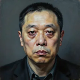 ascii, hyperrealism oil painting, portrait scary ai weiwei style zdzislaw beksinski