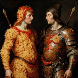 siamese twins, one made of spaghetti, one made of tomato sauce, intricate armor made of spaghetti fractals, ancient warrior, samurai style, by giuseppe arcimboldo and ambrosius benson, renaissance, intricate and intense oil paint, a touch of beksinski, realistic