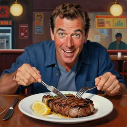 beautiful lifelike painting of gene kelly demanding a refund on undercooked overpriced dinosaur steak in downtown dive bar bistro, hyperreal detailed facial features and uv lighting, retro pixel bitmap art by ed roth and basil wolverton