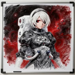 Whiteboard drawing of a hopeful pretty astronaut lady with a wavy blonde hair, 4k resolution, nier:automata inspired, bravely default inspired, vibrant but dreary but upflifting red, black and white color scheme!!! ((Space nebula background))