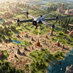 air drone footage of rts map of the medieval empire, age of empire 3, kingdom of heaven, cinematic lighting, hyper detailed, hyper realism, rendered in octane, 8 k, rpg concept art