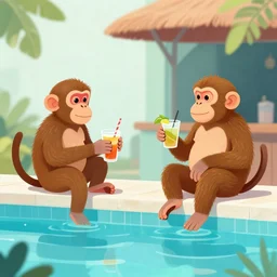 a beautiful illustration of a monkeys having drinks at an outside pool bar by James Jean | comic book:.5 | unreal engine:.6