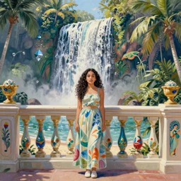 a ultradetailed beautiful painting of lorde standing in front of the diamonds waterfall in the amazonas palace balustrade designed by jules bastien - lepage, tarsila do amaral, frank weston and gustave baumann, beach, trending on artstation, mediterranean, palm trees, sharp focus, soft light, 8 k 4 k