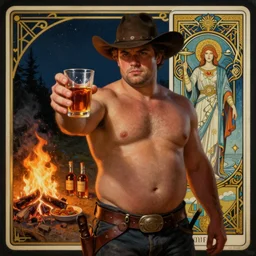 a dramatic, epic, ethereal painting of a handsome thicc shirtless cowboy with a beer belly wearing a leather belt and hat offering you a drink | background is a late night campfire with food and jugs of  whisky | tarot card, art deco, art nouveau, homoeroticism | by Mark Maggiori | trending on artstation