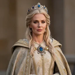 portrait photograph of a real-life extremely beautiful!! nordic queen with ornate cloak and crown, looking at the camera!!. Extremely detailed.