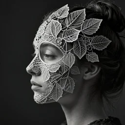 a 2 0 year old woman's face in profile, made of intricate decorative lace leaf skeleton, in the style of the dutch masters and gregory crewdson, dark and moody, depth of field