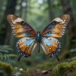 a mechanical robotic butterfly centered in photo, forest environment, biotechnology, photo, national geographic, deep depth field, masterpiece, cinematic composition, hyper - detailed, hd, 4 k
