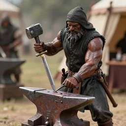 a muscular dwarf blacksmith, wearing blacksmith clothing!!!!, swinging hammer down forging a sword on an iron anvil, cinematic, medieval, renaissance festival, realistic, tabletop miniatures!!!!!!!, product photos!!!!!! by greg rutkowski, craig mullins, archvillain, blizzard, hearthstone, wotc