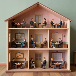 a dollhouse cutaway in wes anderson style, in each room contains a forensic reconstruction of a crime, digital art, highly detailed