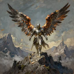 painting of a fallen angel paladin with big burnt wings reaching the summit of a haunted mountain, sharp focus, award - winning, trending on artstation, masterpiece, highly detailed, intricate. art by rebecca guay