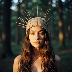 a portrait photography of a woman wearing a headdress of wire and linen, in a forest, golden hour, cinematic, Kodak Portra 800 film