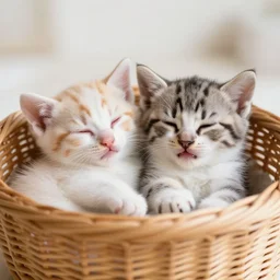 two kittens sleeping in a basket, happy, cute