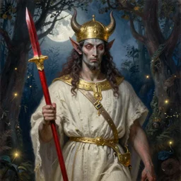 breathtaking detailed soft painting of a male saint demon in gauze dress and golden sallet, with crimson blades, in an intricate moonlight forest with fireflies, rembrandt style, elegant, highly detailed, artstation, concept art, matte, sharp focus, art by tom bagshaw, luis royo and greg rutkowski