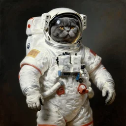 a painting of a grey chubby scottish fold in an astronaut suit, posing proudly, painted by rembrandt, highly detailed, atmospheric lighting, rim lighting