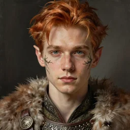 portrait painting of an elven young man with short ginger hair and tree branch tattoos on his cheeks wearing fur armor, sharp focus, award - winning, trending on artstation, masterpiece, highly detailed, intricate. art by rebecca guay