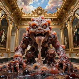 Extreme Caravagistti. The absolute worst, most grotesque and awful monster made of gelatinous fleshy blobs. The monster is in an ornately gilded rococo art museum gallery designed by frank lloyd wright and donatello. A magnificent sky is at the top. A horrible hell is at the bottom