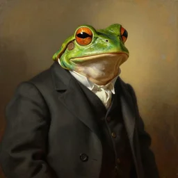 frog wearing a suit proudly posing for a portrait, painted by rembrandt intricate ultra detailed painting atmospheric lighting golden hour