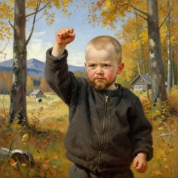 teemu pukki shakes his fist defiantly painted by akseli gallen - kallela. 3 0 year old bald with beard.. sunny autumn forest. in the background you can see small mountains and the livestock of the house