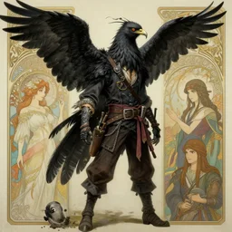 concept art painting of a harpy pathfinder strix with black feathers, androgynous, pirate clothes, detailed, realistic, cel shaded, in the style of makoto shinkai and james gurney and alphonse mucha and greg rutkowski and artgerm